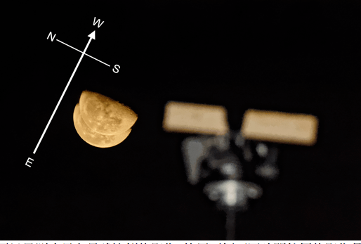 用以量測冷尺和月球比例的影像，使用兩幅不同時間拍攝的影像疊合，用以標示月球移動方向。