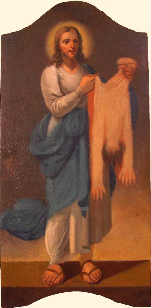 面帶微笑的聖巴多羅買拿著自己的皮，生前的血腥結局在成聖後似乎都顯得雲淡風輕了。圖片來源