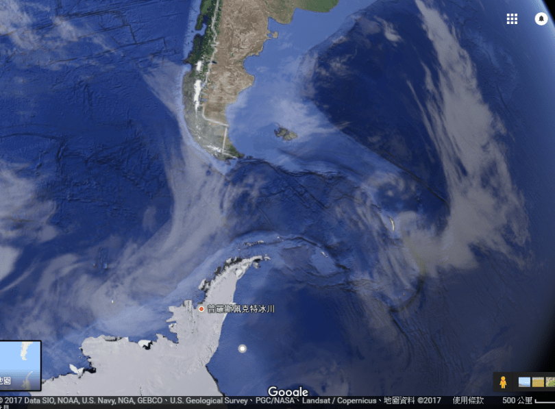 Google地圖上的南極半島(下方白色區塊,上方綠色的是南美洲),這裡沒有街景服務