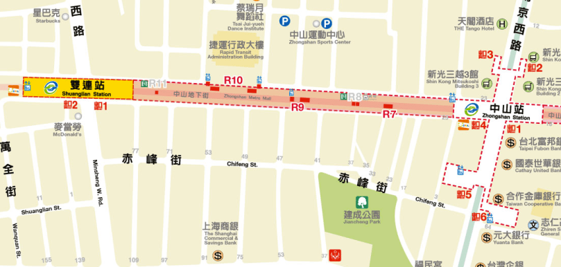 南北向的淡水線的中山站與雙連站，皆由西南角開始編號。北方位於圖片左方。