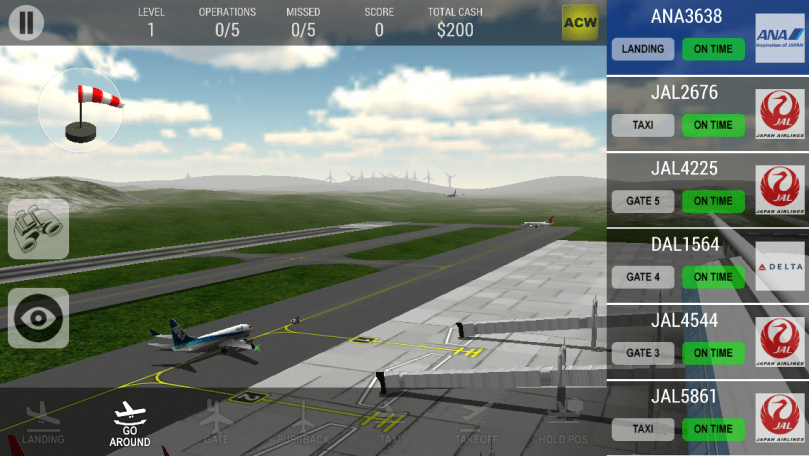 塔台許可飛機降落後,通常便交由機師將飛機降落,但偶爾會因為跑道未淨空等因素由塔台主動呼叫請飛機 go around (畫面為手機遊戲 Unmatched Air Traffic Control 截圖)