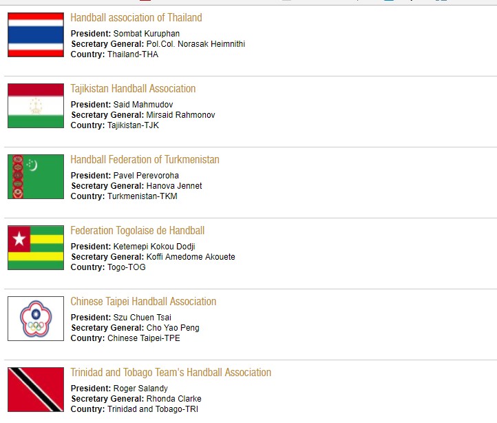 循奧會模式加入國際手球總會,被排在T開頭。(中華民國手球協會是中文名稱,英文是Chinese Taipei Handball Association)(圖片截圖自IHF頁面)