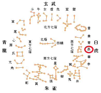 二十八星宿分佈圖,昴宿位於西方之白虎象。圖片來源